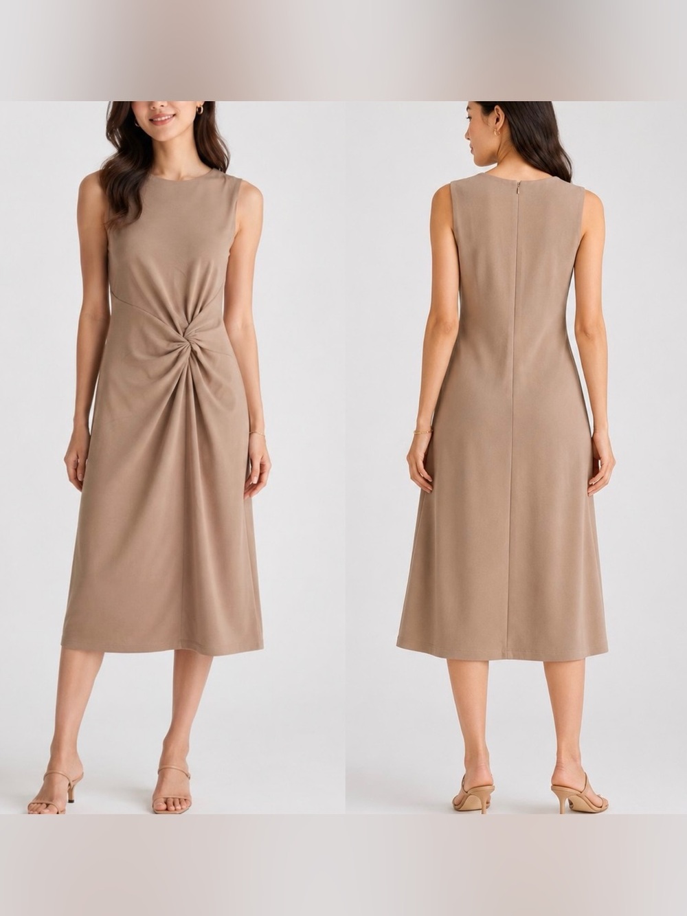 DKNY Taupe Sleeveless Midi Dress with Front Twist